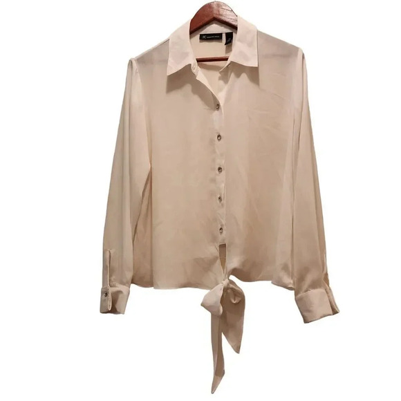 INC International Concepts Button Up Shirt Womens Size 14 White Collar Tie Front - Picture 1 of 6